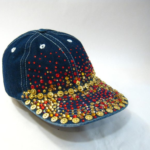 Handmade Denim Red Gold Rhinestone Studded Glittery streetwear Baseball Cap Hat - Picture 7 of 8